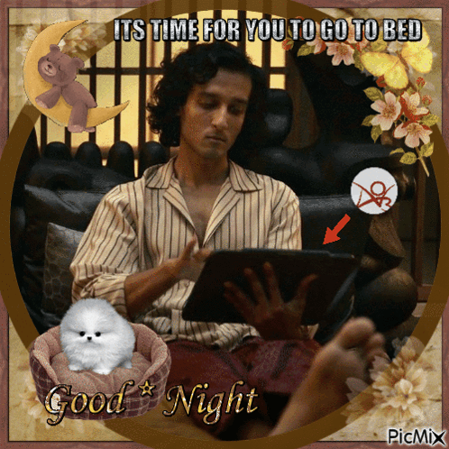 A Man Sitting On A Couch Using A Tablet With A Good Night Greeting GIF