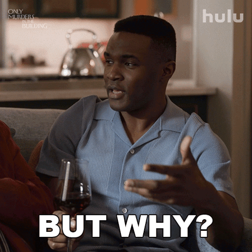 A Man Sitting On A Couch With A Glass Of Wine And The Words But Why Below Him GIF