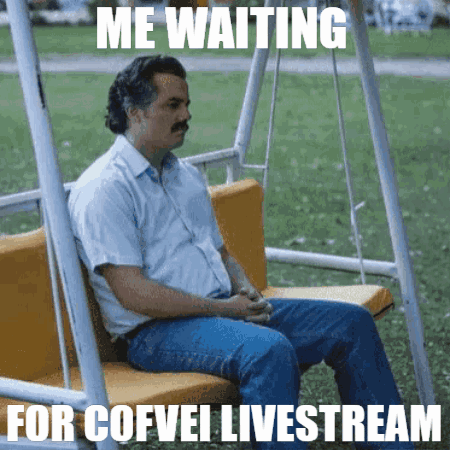 A Man Sitting On A Swing With The Words Me Waiting For Coffel Livestream GIF