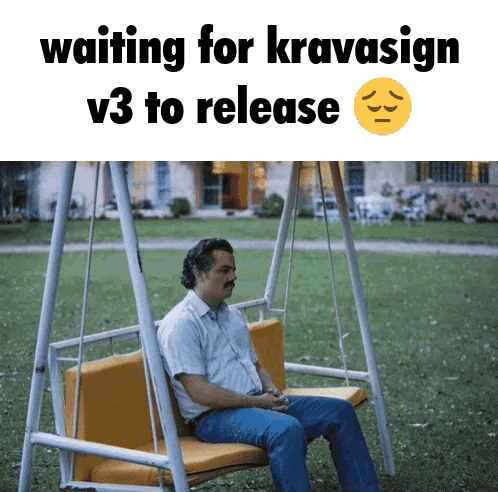 A Man Sitting On A Swing With The Words Waiting For Kravasign V3 To Release Above Him GIF