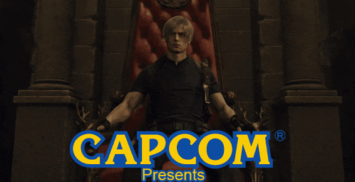 a man sitting on a throne with capcom presents written on the bottom
