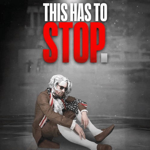 A Man Sitting On The Ground With The Words This Has To Stop Above Him GIF