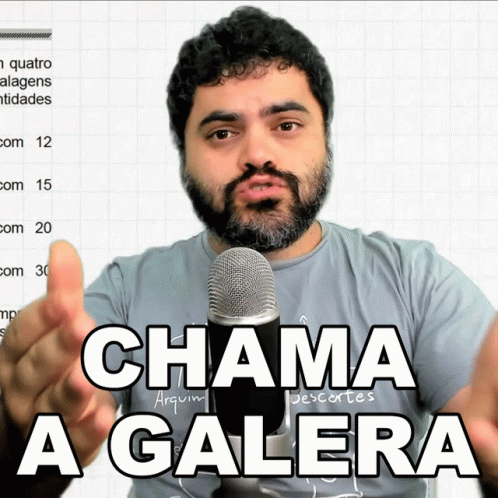 A Man Speaking Into A Microphone With The Words Chama A Galera On The Bottom GIF