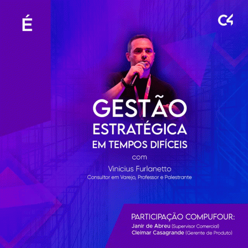 a man speaking into a microphone with the words gestão estrategica em tempos difíceis below him