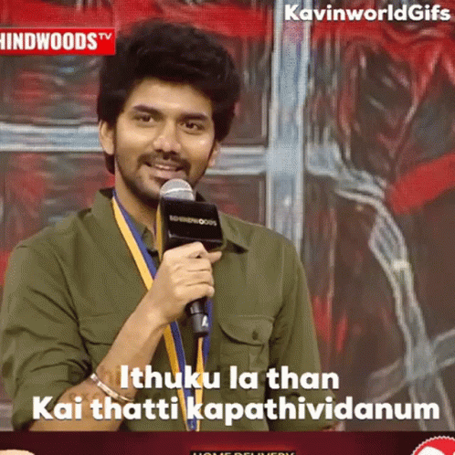 A Man Speaking Into A Microphone With The Words " Ithuku La Than Kai Thatti Kapathividanum " GIF
