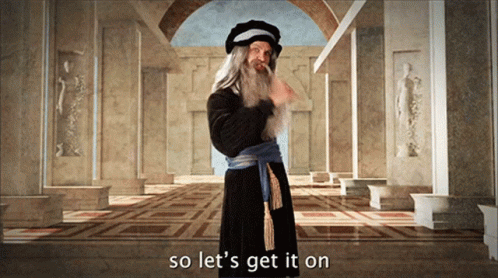 A Man Standing In A Hallway With The Words So Let 'S Get It On Behind Him GIF