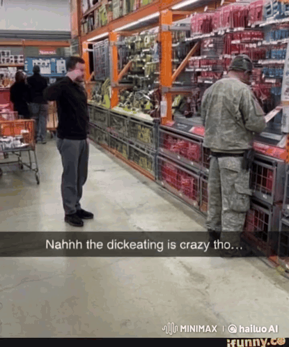 A Man Standing In A Store With A Caption That Says " Nahh The Dickeating Is Crazy Tho " GIF