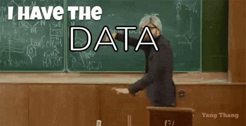 A Man Standing In Front Of A Blackboard With The Words " I Have The Data " GIF
