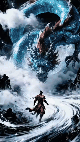 a man standing in front of a blue dragon