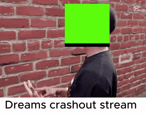 A Man Standing In Front Of A Brick Wall With A Green Screen In Front Of His Face And The Words Dreams Crashout Stream Be GIF