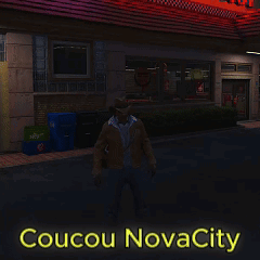A Man Standing In Front Of A Building That Says Coucou Novacity On It GIF