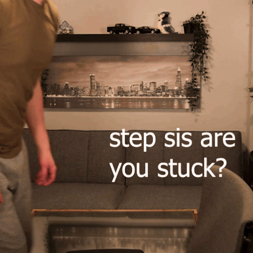 A Man Standing In Front Of A Couch With The Words " Step Sis Are You Stuck " Written On It GIF