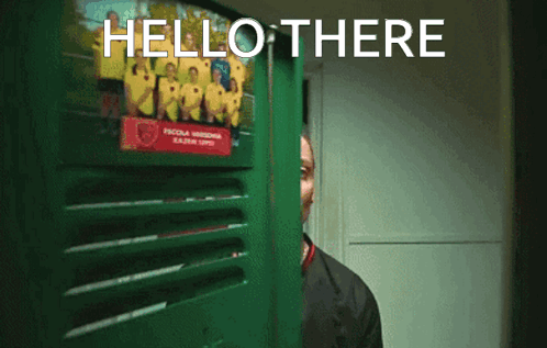 A Man Standing In Front Of A Door That Says Hello There On It GIF