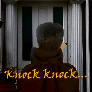 A Man Standing In Front Of A Door With The Words Knock Knock Written In Yellow GIF