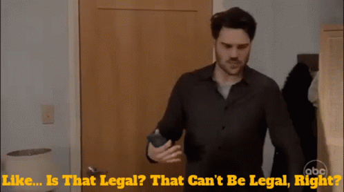 A Man Standing In Front Of A Door With The Words Like Is That Legal That Can 'T Be Legal Right Written Below Him GIF