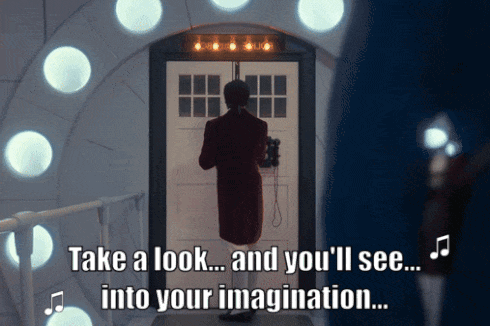 A Man Standing In Front Of A Door With The Words Take A Look And You 'Ll See Into Your Imagination On The Bottom GIF