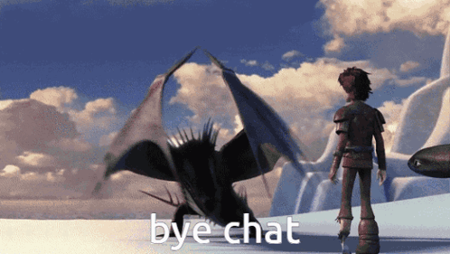 A Man Standing In Front Of A Dragon With The Words Bye Chat Below Him GIF