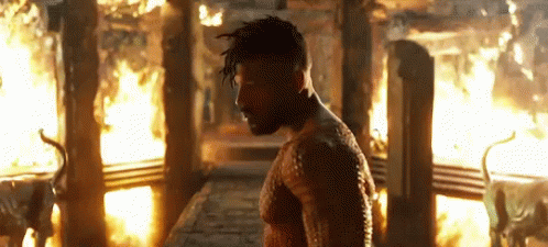 A Man Standing In Front Of A Fire In A Room . GIF