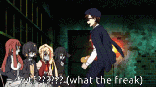 A Man Standing In Front Of A Group Of Zombies With The Words " What The Freak " Written Below Him GIF