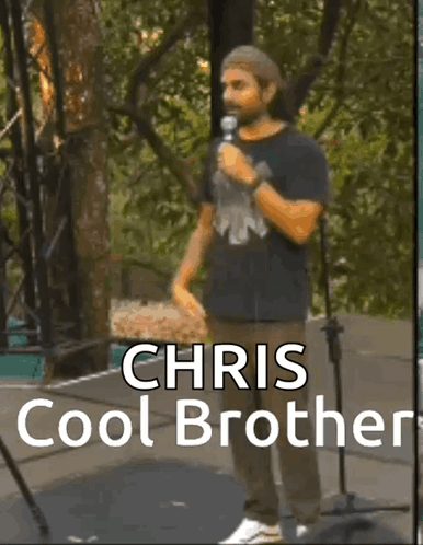 A Man Standing In Front Of A Microphone With The Name Chris Cool Brother Written On The Bottom GIF