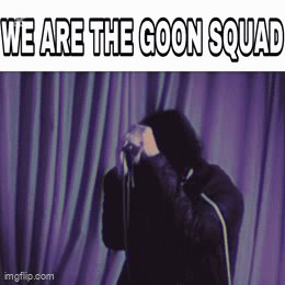 A Man Standing In Front Of A Purple Curtain With The Words " We Are The Goon Squad " GIF