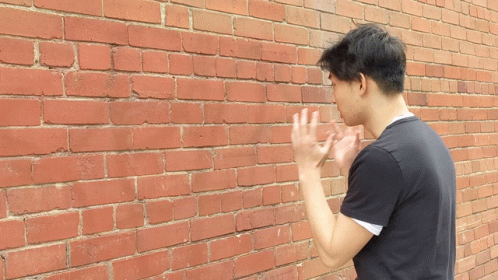 A Man Standing In Front Of A Red Brick Wall With His Hands Up GIF