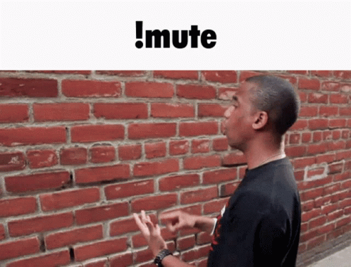 a man standing in front of a red brick wall with the words !mute above him