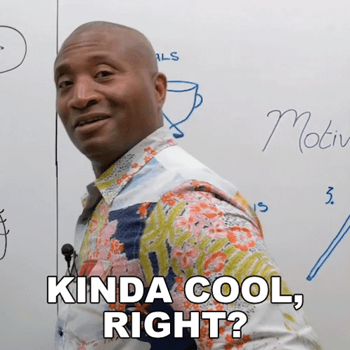 A Man Standing In Front Of A Whiteboard With The Words Kinda Cool Right Written On It GIF