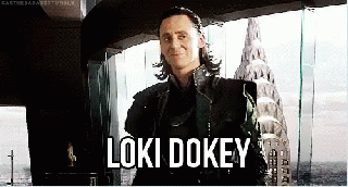 A Man Standing In Front Of A Window With The Words Loki Dokey Written On It GIF