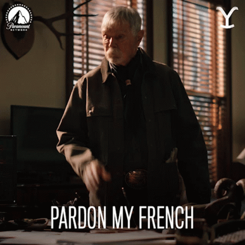 A Man Standing In Front Of A Window With The Words Pardon My French On The Bottom GIF