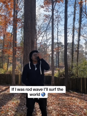 A Man Standing In The Woods With A Caption That Says If I Was Rod Wave I 'Ll Surf The World .. GIF