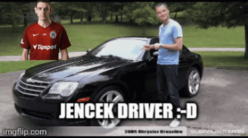 A Man Standing Next To A Black Car That Says Jencek Driver GIF