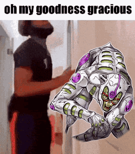A Man Standing Next To A Cartoon Character That Says Oh My Goodness Gracious On It GIF