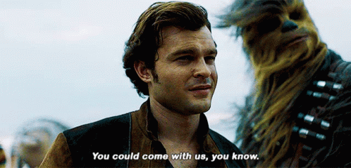 A Man Standing Next To A Chewbacca Says " You Could Come With Us , You Know " GIF