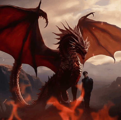 A Man Standing Next To A Large Dragon With Its Wings Outstretched GIF