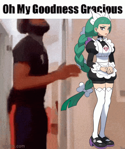 A Man Standing Next To A Maid With The Words Oh My Goodness Gracious On The Bottom GIF