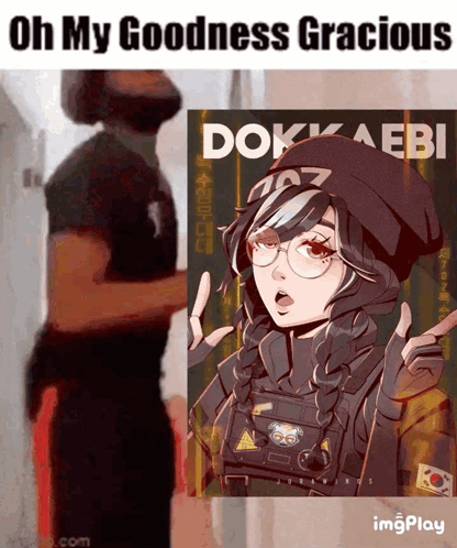 A Man Standing Next To A Picture Of A Girl With The Words Oh My Goodness Gracious On The Bottom GIF