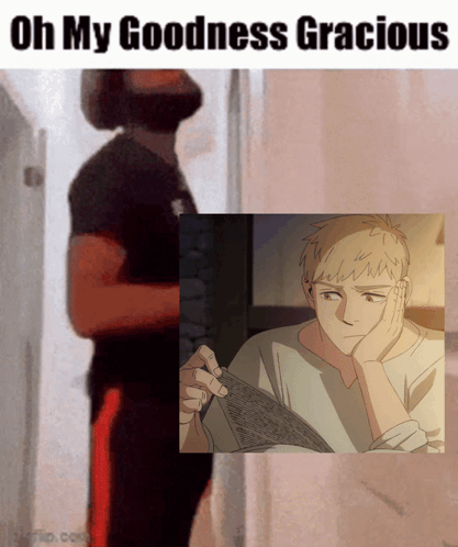 A Man Standing Next To A Picture Of A Man Reading A Book GIF