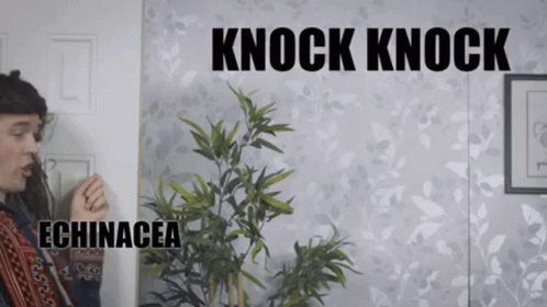 A Man Standing Next To A Plant With The Words " Knock Knock " Written On It GIF