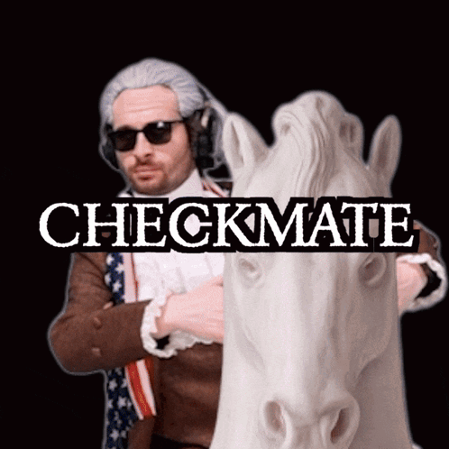 A Man Standing Next To A Statue Of A Horse With The Words Checkmate Written On It GIF