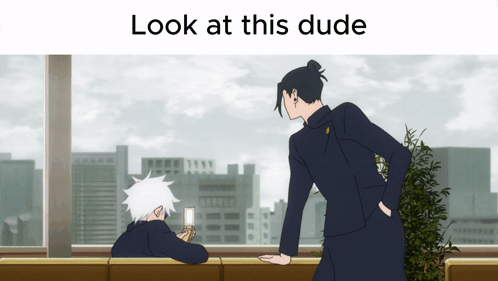 A Man Standing Next To Another Man With The Words Look At This Dude On The Top GIF