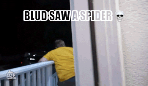 A Man Standing On A Balcony With The Words Bludsaw Spider Written On The Wall GIF