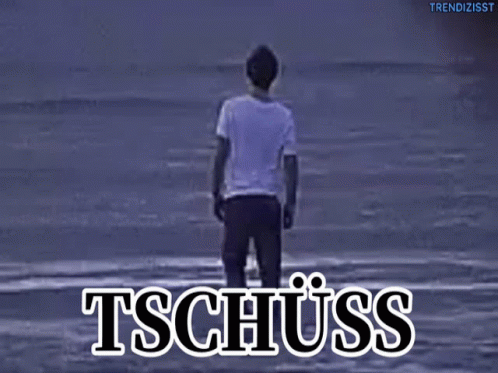 A Man Standing On A Beach With The Word Tschuss Written Above Him GIF