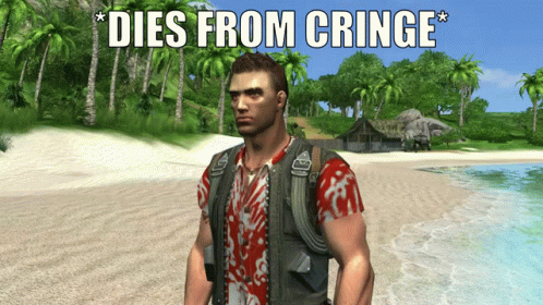 A Man Standing On A Beach With The Words Dies From Cringe Below Him GIF