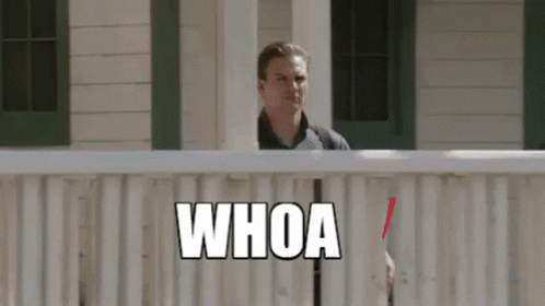 A Man Standing On A Porch Behind A Fence With The Word Whoa Written On It GIF