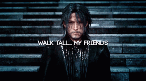 A Man Standing On A Set Of Stairs With The Words Walk Tall My Friends Written Above Him GIF