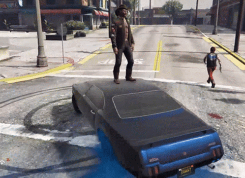 A Man Standing On Top Of A Blue Car With A License Plate That Says Sunny GIF