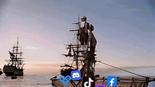 A Man Standing On Top Of A Ship With A Few Social Media Icons On It GIF