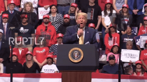 A Man Stands At A Podium With A Sign That Says Veterans For Trump In Front Of Him GIF