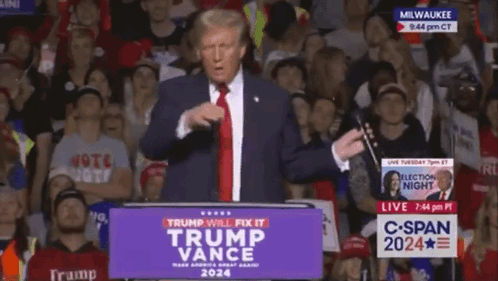 A Man Stands At A Podium With A Trump Vance Sign In Front Of Him GIF
